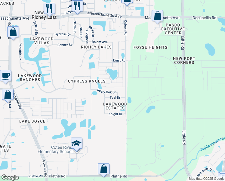 map of restaurants, bars, coffee shops, grocery stores, and more near 7849 Rusty Oak Drive in New Port Richey