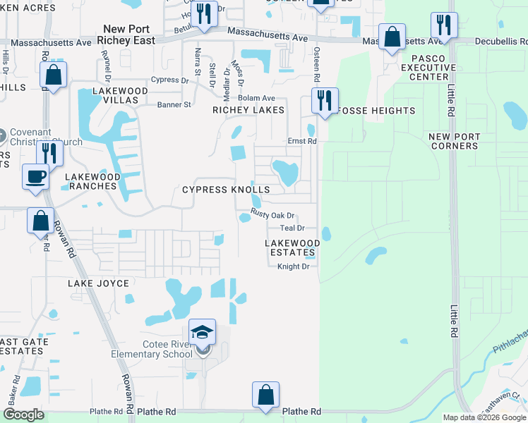 map of restaurants, bars, coffee shops, grocery stores, and more near 7801 Rusty Oak Drive in New Port Richey