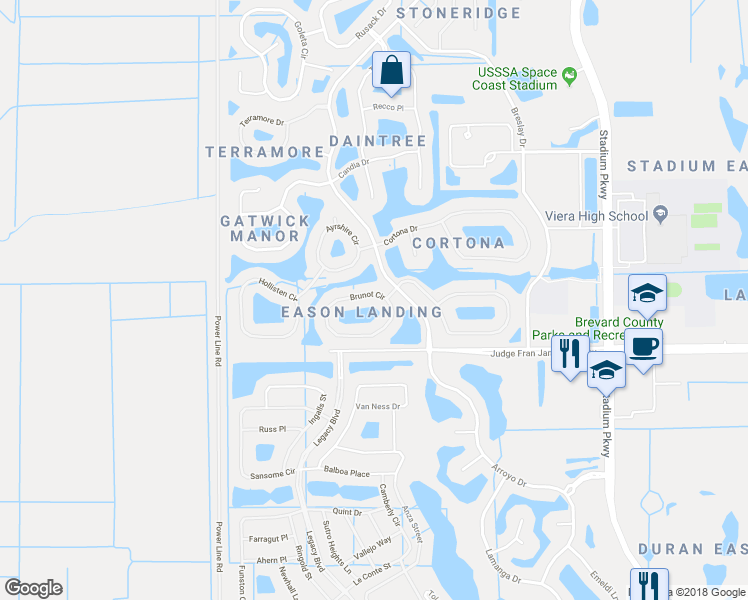map of restaurants, bars, coffee shops, grocery stores, and more near 3419 Brunot Circle in Melbourne