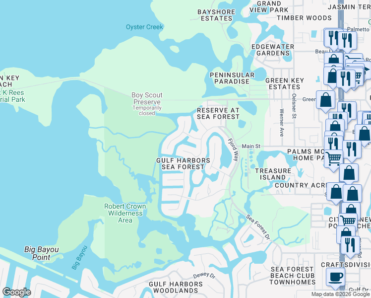 map of restaurants, bars, coffee shops, grocery stores, and more near 6215 Spoonbill Drive in New Port Richey