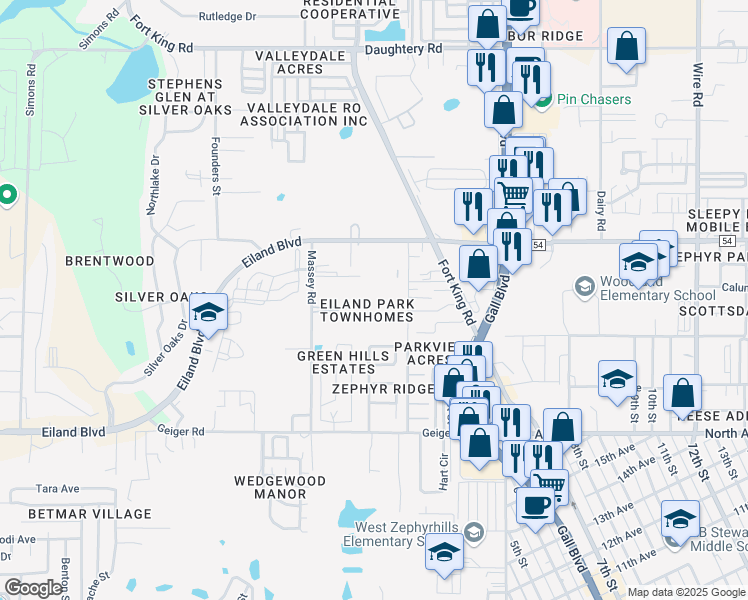 map of restaurants, bars, coffee shops, grocery stores, and more near 6320 Timberly Lane in Zephyrhills