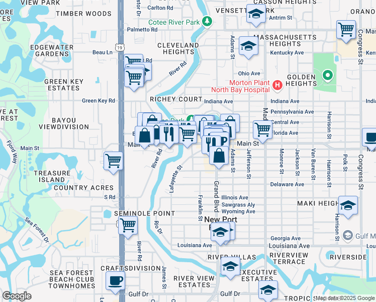map of restaurants, bars, coffee shops, grocery stores, and more near 6241 Lincoln Street in Port Richey