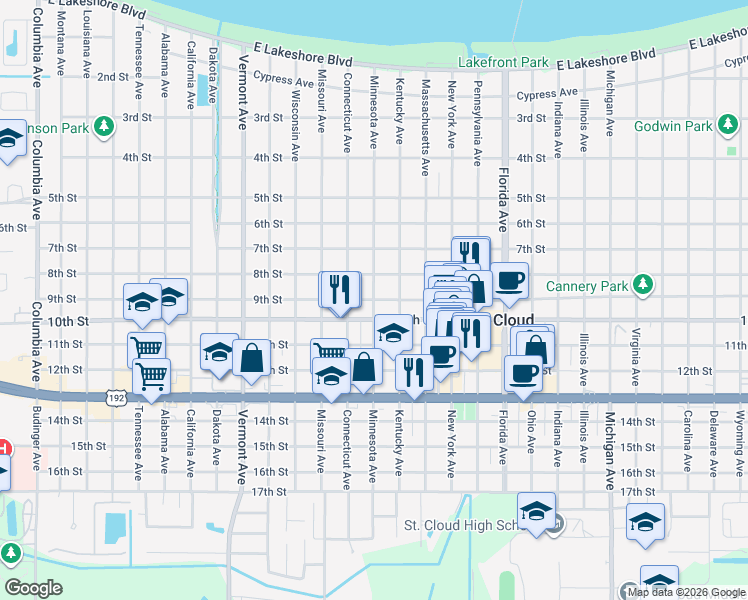 map of restaurants, bars, coffee shops, grocery stores, and more near 901 Minnesota Avenue in Saint Cloud