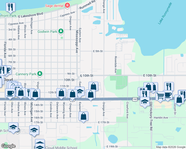 map of restaurants, bars, coffee shops, grocery stores, and more near 335 East 10th Street in St. Cloud