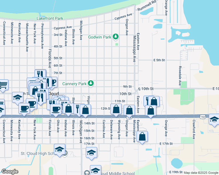map of restaurants, bars, coffee shops, grocery stores, and more near 909 Carolina Avenue in St. Cloud