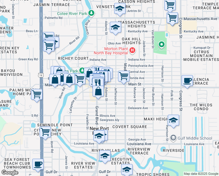 map of restaurants, bars, coffee shops, grocery stores, and more near 5840 Nebraska Avenue in Port Richey