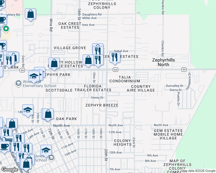 map of restaurants, bars, coffee shops, grocery stores, and more near in Zephyrhills North