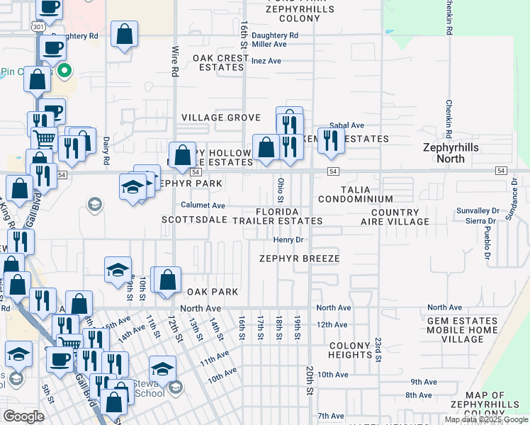 map of restaurants, bars, coffee shops, grocery stores, and more near 6319 Connecticut Street in Zephyrhills