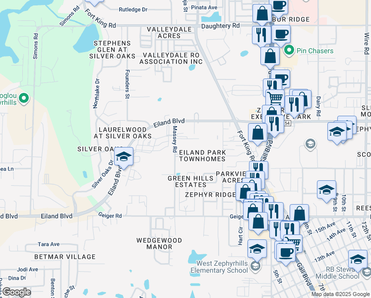 map of restaurants, bars, coffee shops, grocery stores, and more near 6327 Maisai Road in Zephyrhills