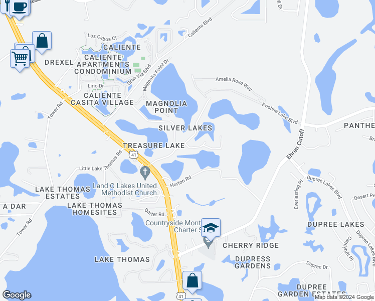 map of restaurants, bars, coffee shops, grocery stores, and more near 21532 Silver Bay Place in Land O' Lakes