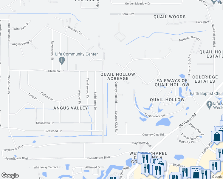 map of restaurants, bars, coffee shops, grocery stores, and more near 6343 Country Club Road in Zephyrhills