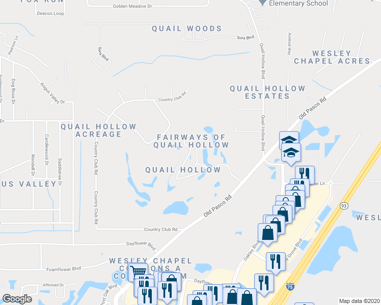 map of restaurants, bars, coffee shops, grocery stores, and more near 6410 Gentle Ben Circle in Wesley Chapel