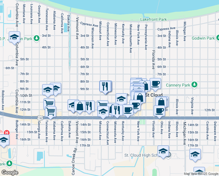 map of restaurants, bars, coffee shops, grocery stores, and more near 821 Connecticut Avenue in St. Cloud