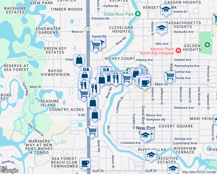map of restaurants, bars, coffee shops, grocery stores, and more near 5412 Acorn Street in New Port Richey