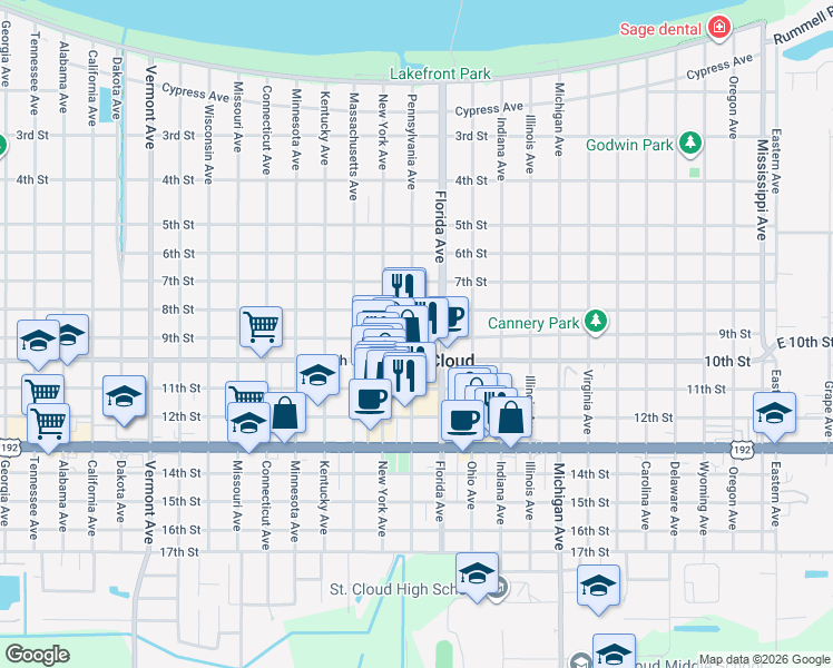 map of restaurants, bars, coffee shops, grocery stores, and more near 823 Pennsylvania Avenue in St. Cloud