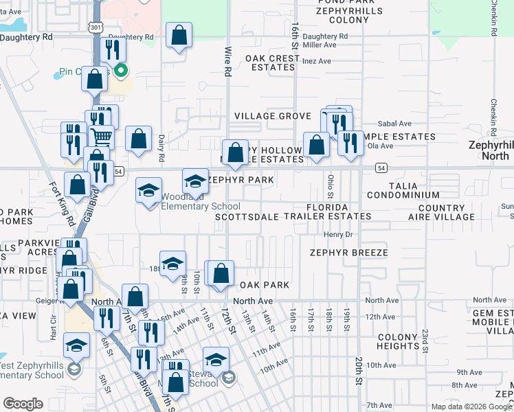 map of restaurants, bars, coffee shops, grocery stores, and more near 38631 Lobelia Avenue in Zephyrhills