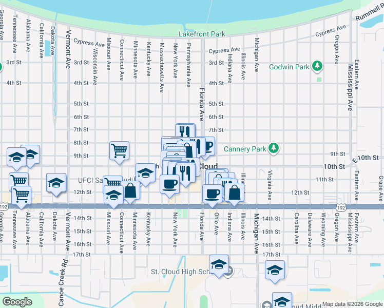map of restaurants, bars, coffee shops, grocery stores, and more near 821 Pennsylvania Avenue in St. Cloud
