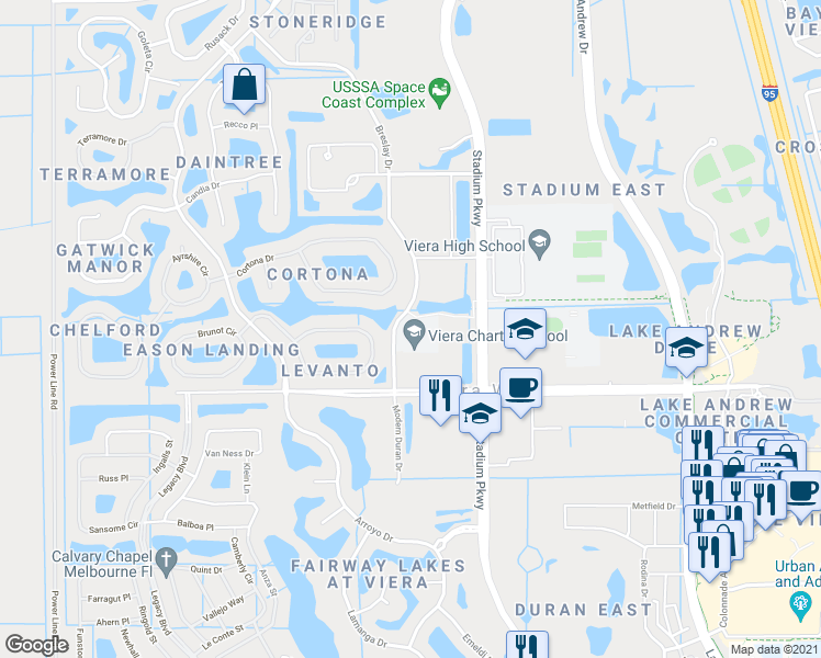 map of restaurants, bars, coffee shops, grocery stores, and more near 6206 Breslay Drive in Melbourne