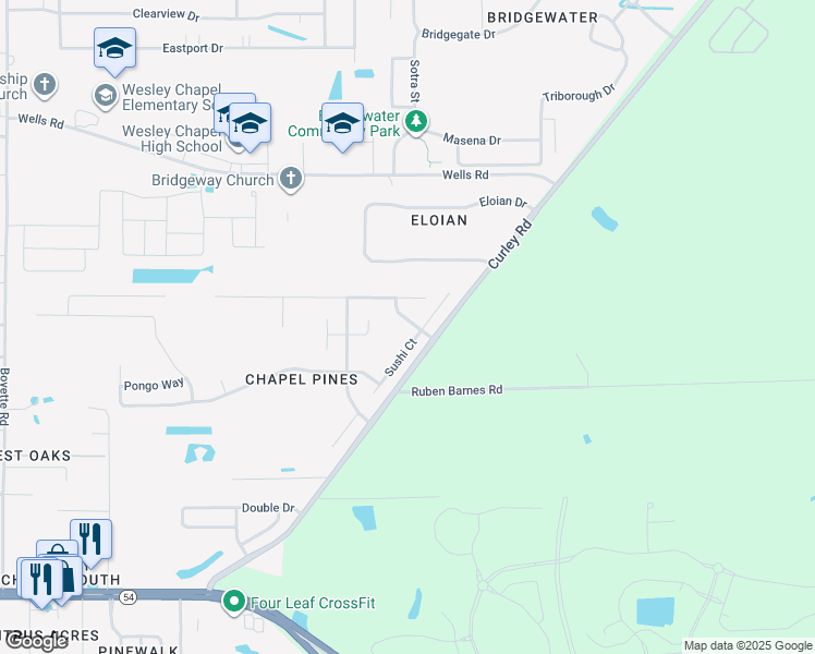 map of restaurants, bars, coffee shops, grocery stores, and more near 6337 Sushi Court in Wesley Chapel