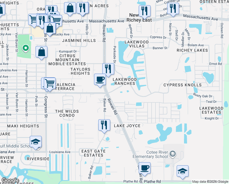 map of restaurants, bars, coffee shops, grocery stores, and more near in New Port Richey East