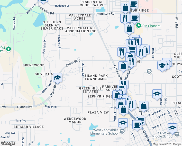 map of restaurants, bars, coffee shops, grocery stores, and more near 6321 Maisai Road in Zephyrhills