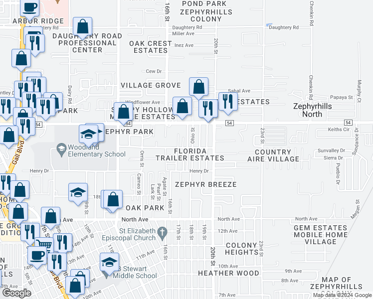 map of restaurants, bars, coffee shops, grocery stores, and more near 6332 Connecticut Street in Zephyrhills