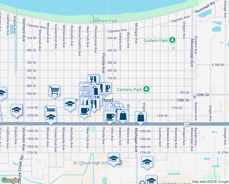 map of restaurants, bars, coffee shops, grocery stores, and more near in St. Cloud