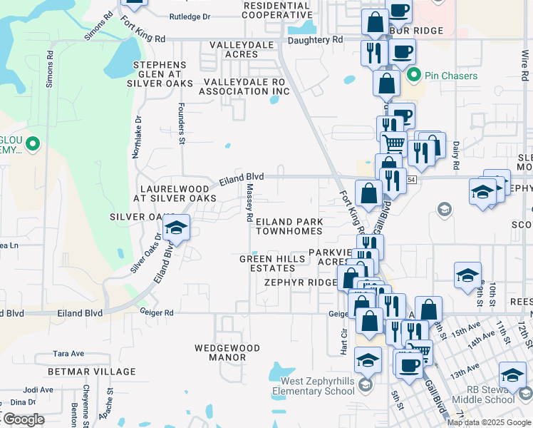 map of restaurants, bars, coffee shops, grocery stores, and more near 6321 Maisai Road in Zephyrhills