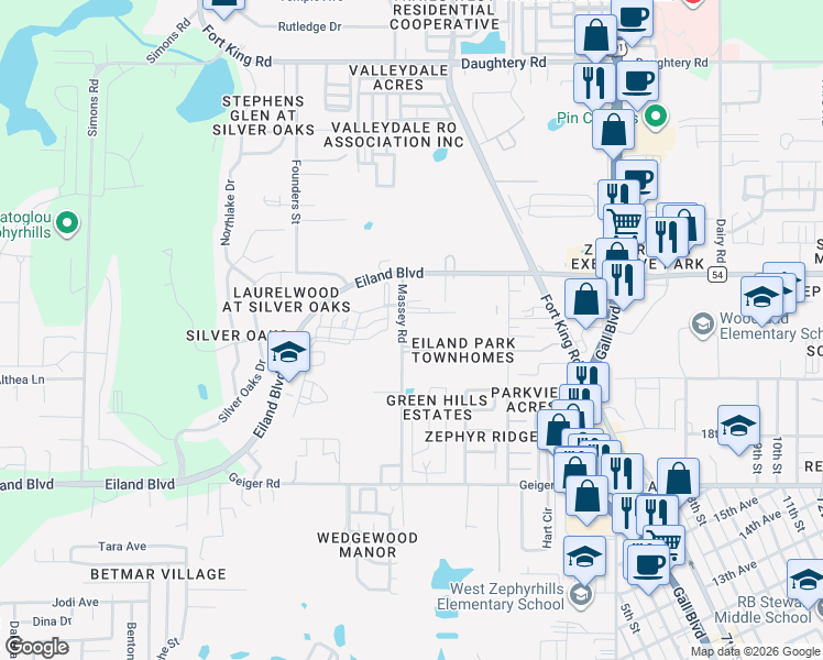 map of restaurants, bars, coffee shops, grocery stores, and more near 6334 Massey Road in Zephyrhills