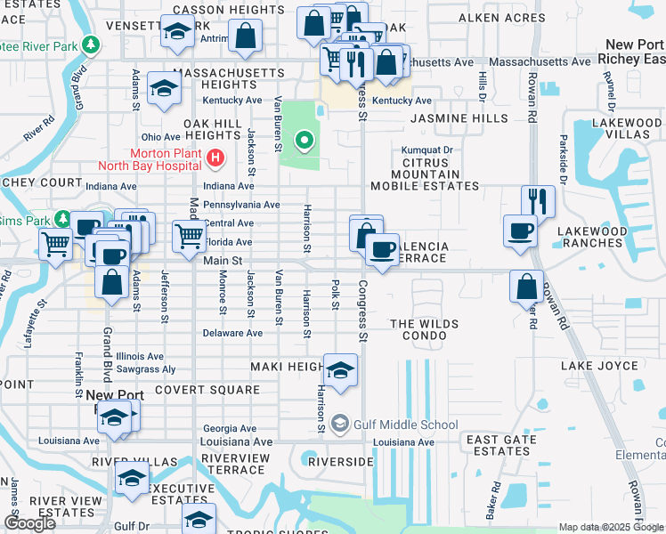 map of restaurants, bars, coffee shops, grocery stores, and more near 6307 Polk Street in New Port Richey