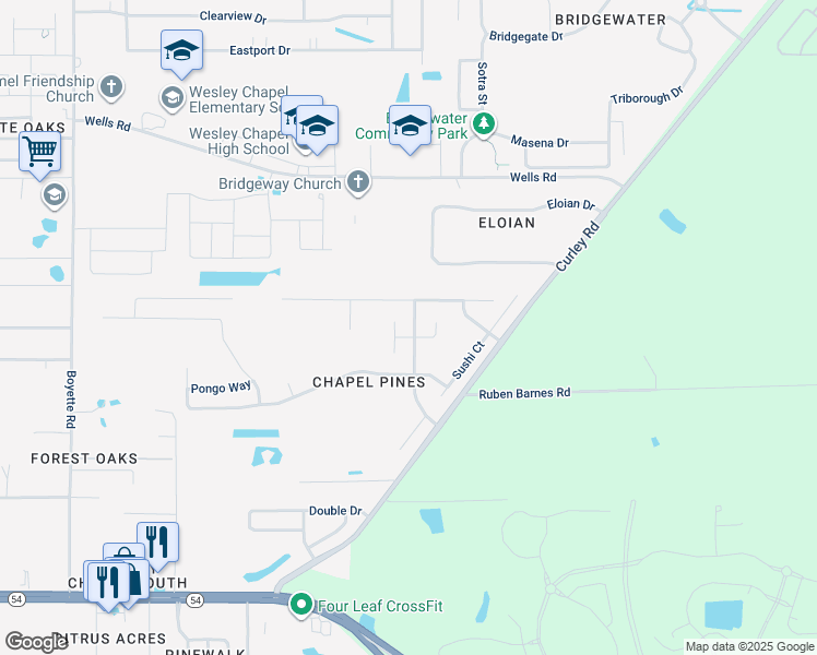 map of restaurants, bars, coffee shops, grocery stores, and more near 6353 Chapel Pines Boulevard in Wesley Chapel
