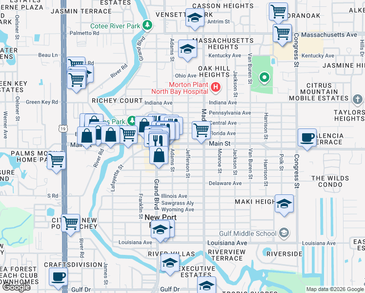 map of restaurants, bars, coffee shops, grocery stores, and more near 5840 Nebraska Avenue in Port Richey