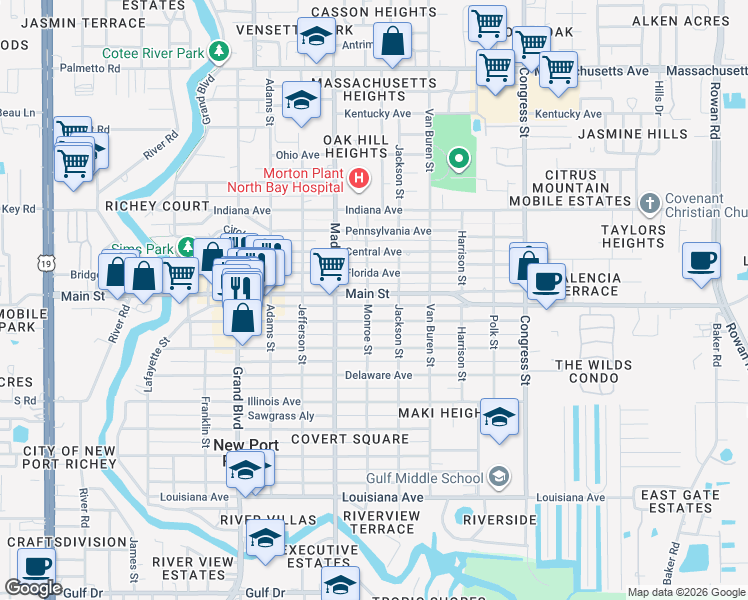 map of restaurants, bars, coffee shops, grocery stores, and more near 6024 Nebraska Avenue in New Port Richey