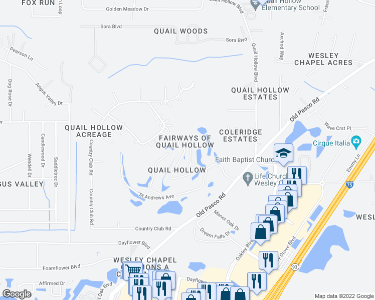map of restaurants, bars, coffee shops, grocery stores, and more near 6608 Gentle Ben Circle in Wesley Chapel