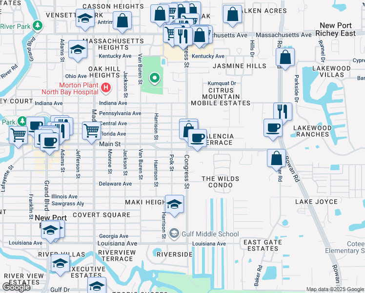 map of restaurants, bars, coffee shops, grocery stores, and more near 6502 Main Street in New Port Richey