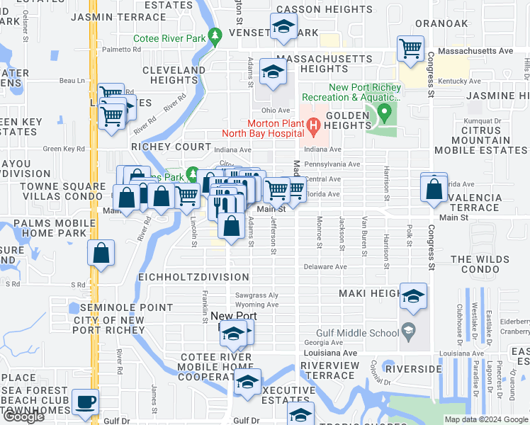 map of restaurants, bars, coffee shops, grocery stores, and more near 5840 Nebraska Avenue in Port Richey
