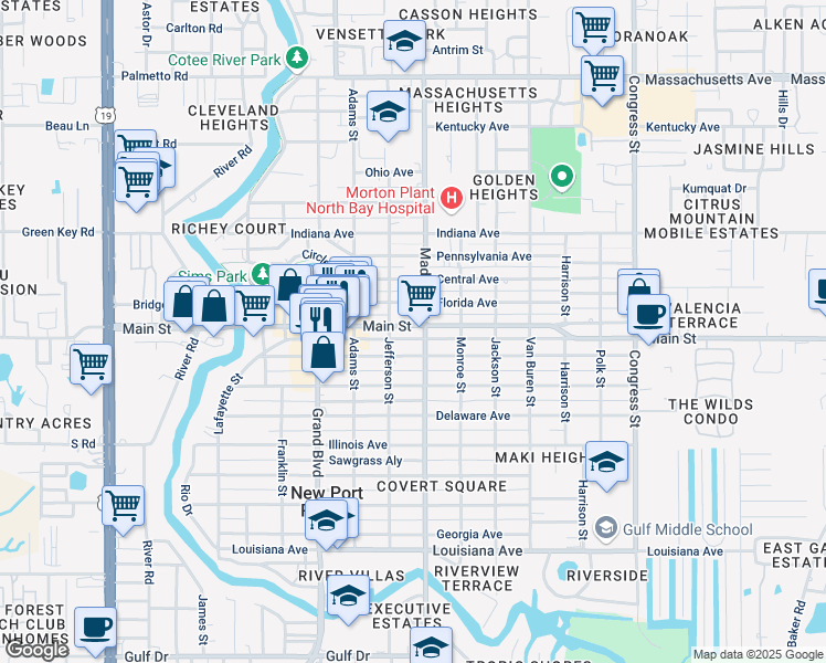 map of restaurants, bars, coffee shops, grocery stores, and more near 5930 Nebraska Avenue in Port Richey