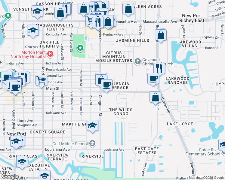 map of restaurants, bars, coffee shops, grocery stores, and more near in NEW PRT RCHY