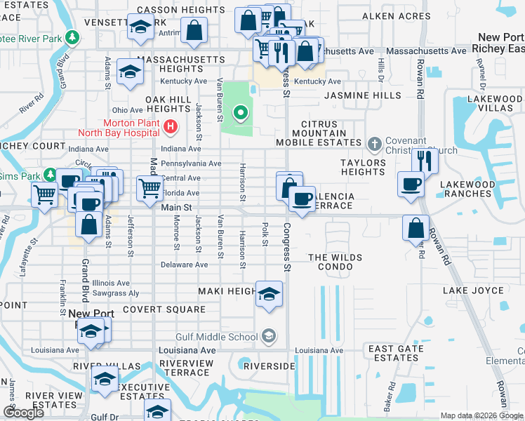 map of restaurants, bars, coffee shops, grocery stores, and more near 6303 Polk Street in New Port Richey