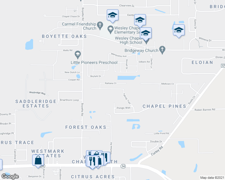 map of restaurants, bars, coffee shops, grocery stores, and more near 6453 Tabogi Trail in Wesley Chapel