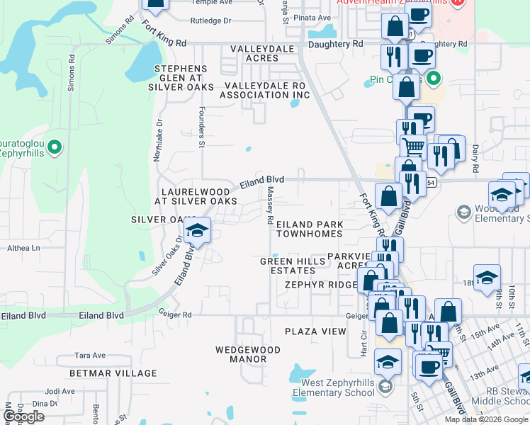 map of restaurants, bars, coffee shops, grocery stores, and more near 37438 Picketts Mill Avenue in Zephyrhills