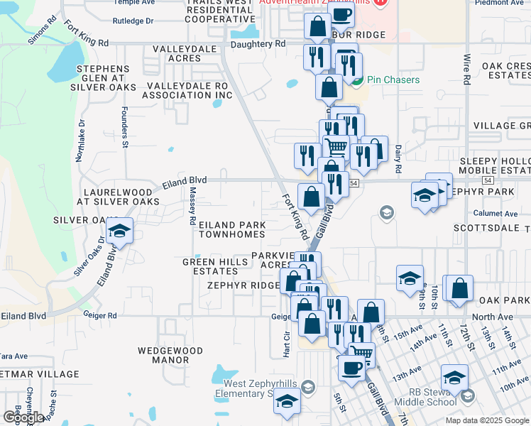 map of restaurants, bars, coffee shops, grocery stores, and more near 37733 Cecil Lane in Zephyrhills