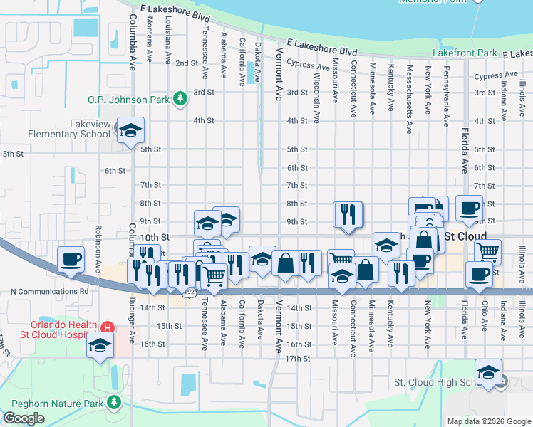 map of restaurants, bars, coffee shops, grocery stores, and more near 904 Dakota Avenue in St. Cloud