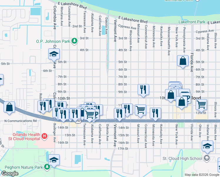 map of restaurants, bars, coffee shops, grocery stores, and more near 815 Dakota Avenue in St. Cloud