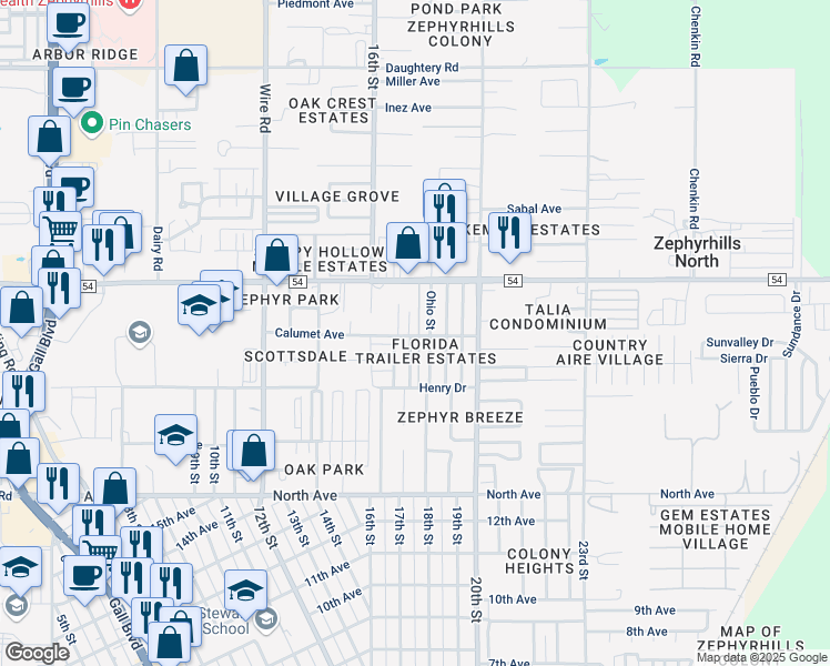 map of restaurants, bars, coffee shops, grocery stores, and more near 6319 Connecticut Street in Zephyrhills