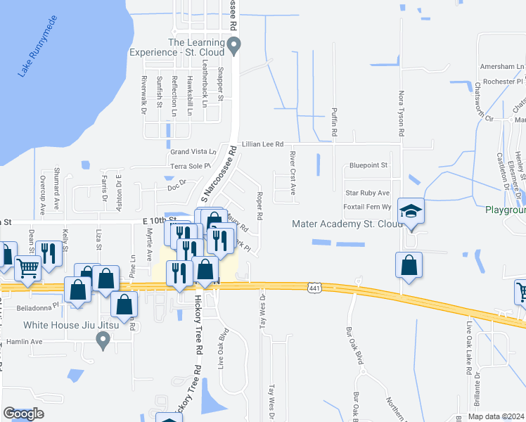 map of restaurants, bars, coffee shops, grocery stores, and more near 1827 Roper Road in Saint Cloud