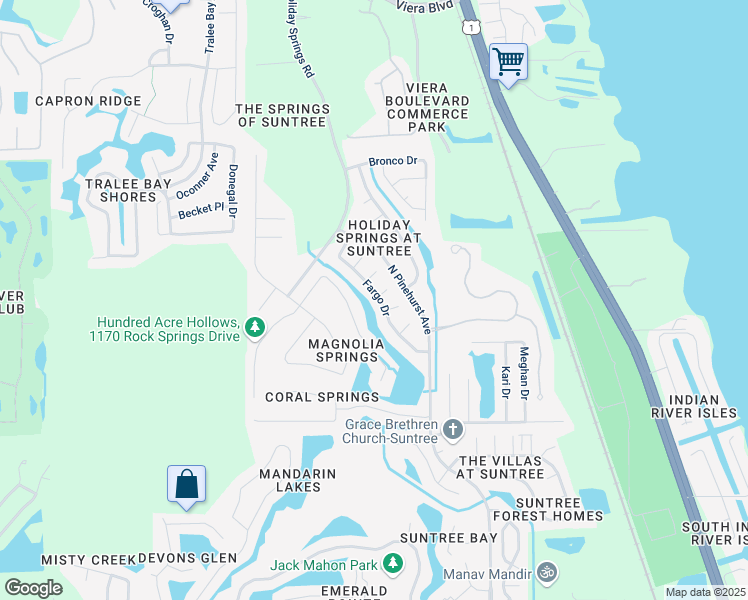 map of restaurants, bars, coffee shops, grocery stores, and more near 1580 Wekiva Drive in Melbourne