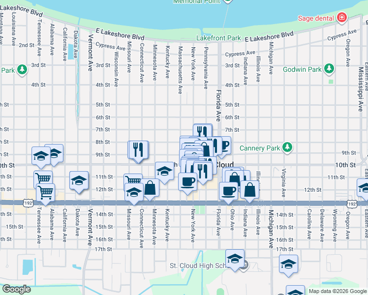 map of restaurants, bars, coffee shops, grocery stores, and more near 1407 9th Street in St. Cloud