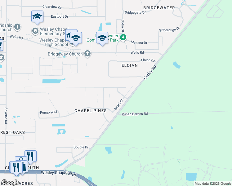 map of restaurants, bars, coffee shops, grocery stores, and more near 6337 Sushi Court in Wesley Chapel