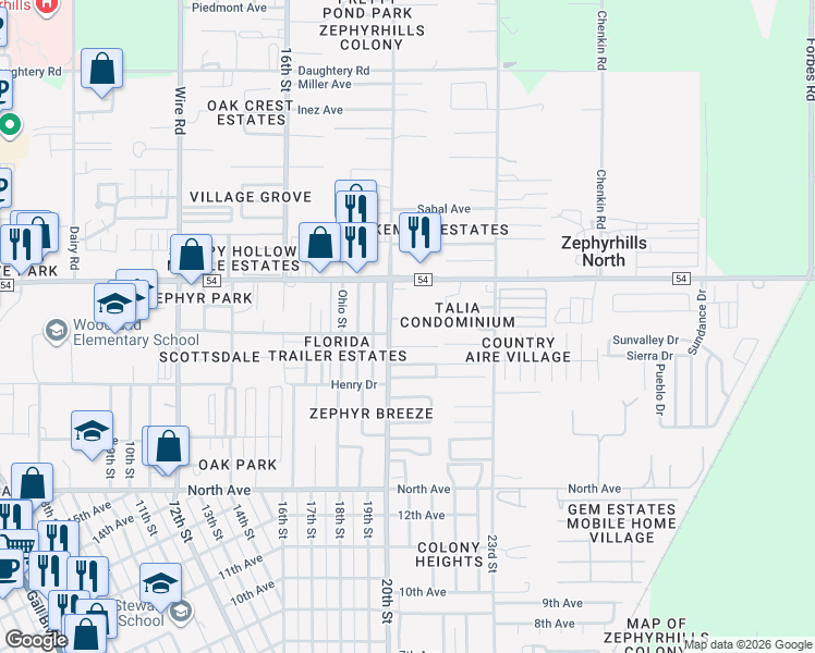 map of restaurants, bars, coffee shops, grocery stores, and more near in Zephyrhills North